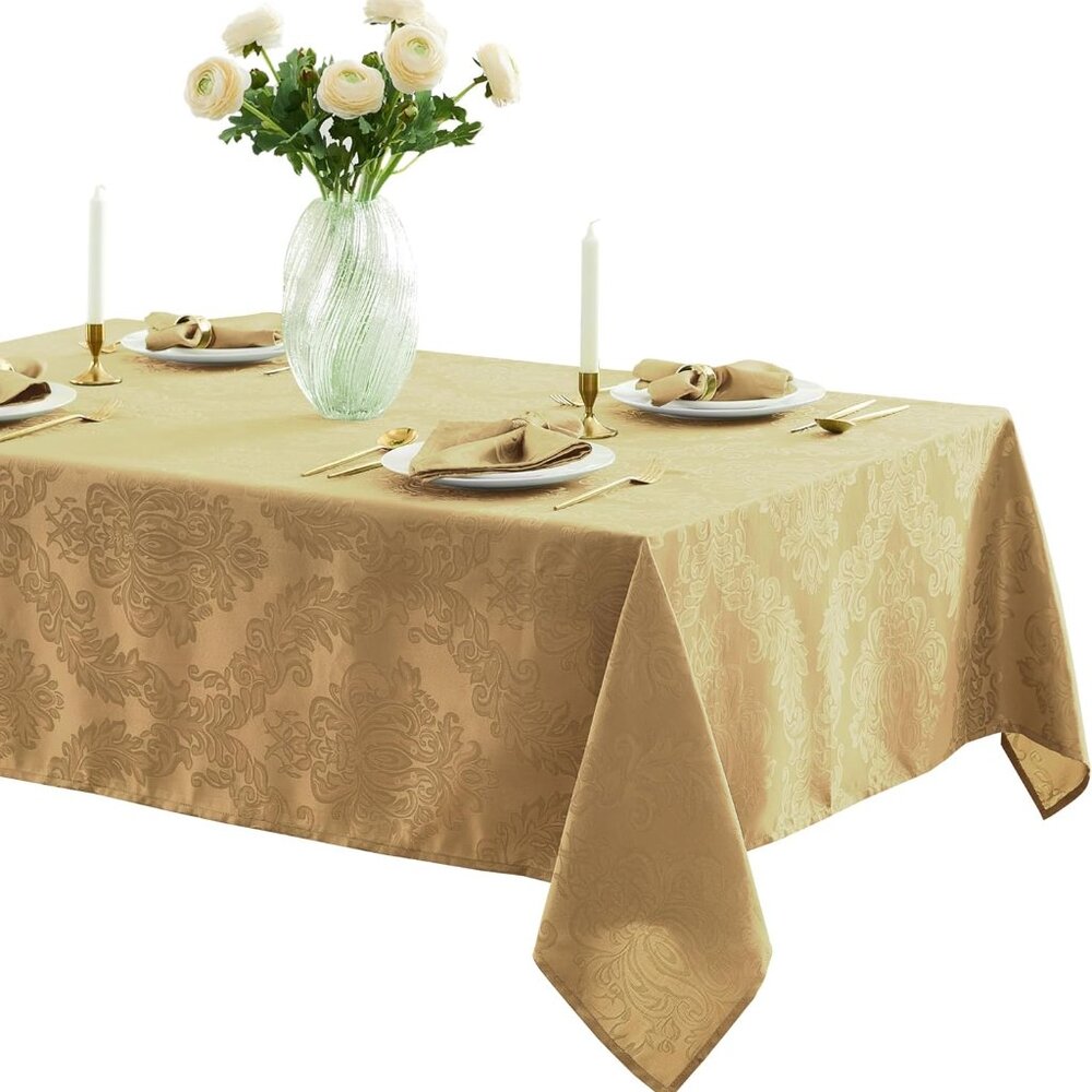 Newbridge Barcelona Damask Fabric Tablecloth, 60 x 102 Inch Rectangle, Gold – N